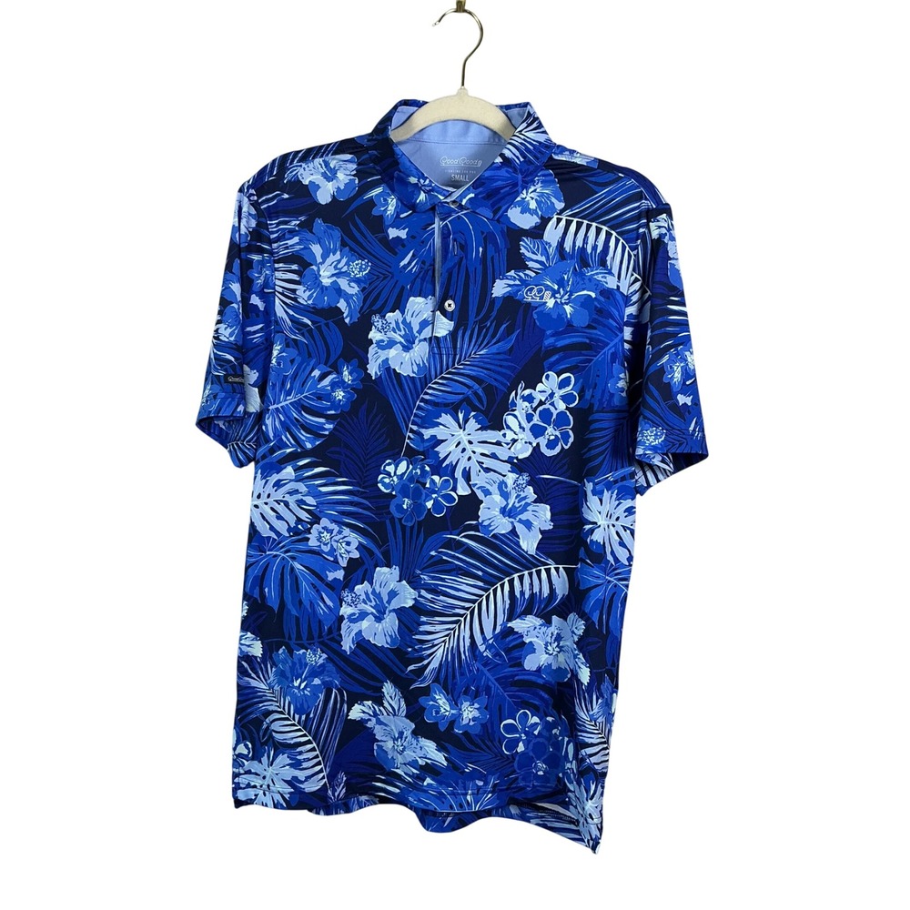 Good Good Golf Mens Small Blue Tropical Hibiscus Floral Performance Polo Shirt